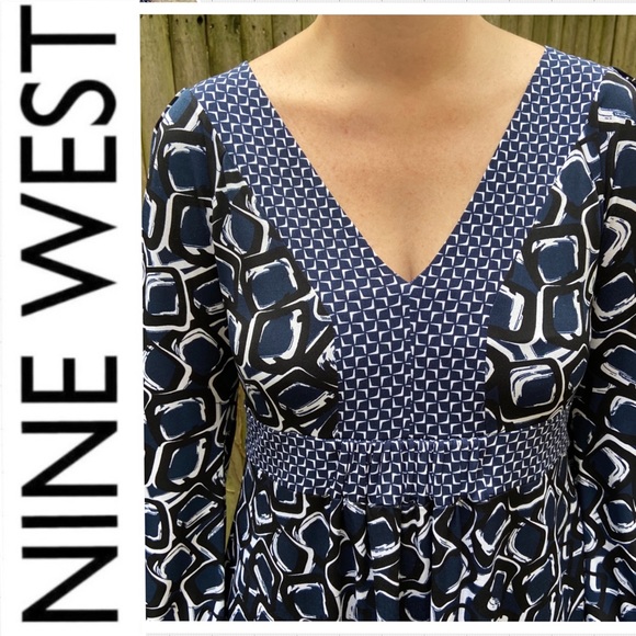Nine West FLATTERING Empire-Waist Blue Print Dress - Picture 2 of 10